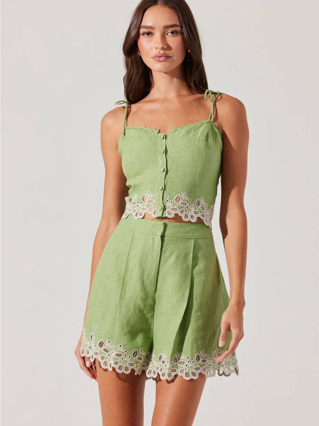 Astr Green Linen-Blend Lace-Trim High-Waist Shorts & Top Set